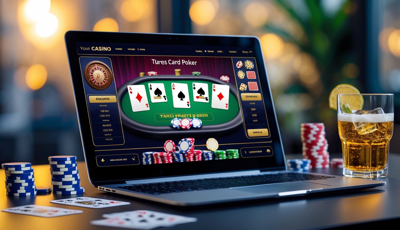 Sebuah laptop menampilkan permainan Three Card Poker online dengan chip poker dan kartu di sekitarnya dalam suasana kasino yang tenang dan profesional.