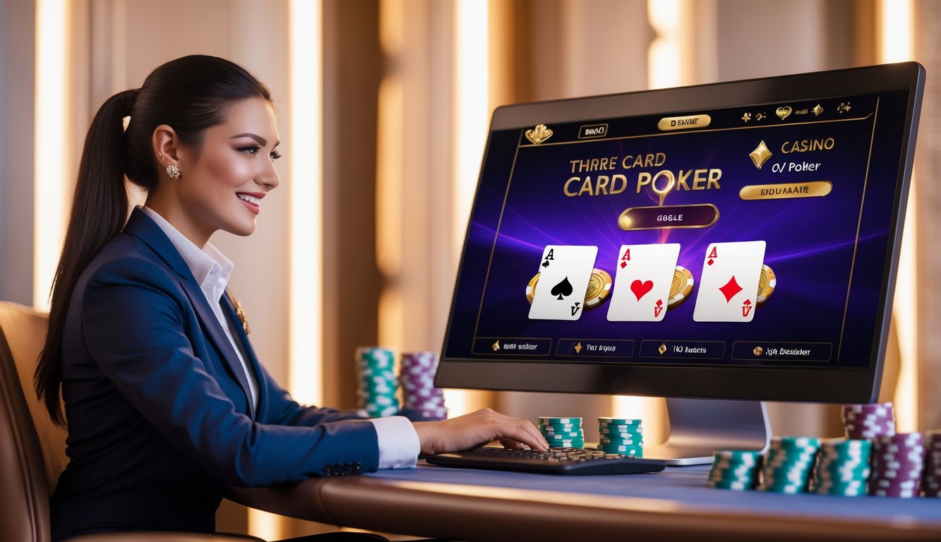 Seorang dealer langsung yang tersenyum sedang bermain Three Card Poker online di depan layar komputer dengan suasana kasino yang hangat dan nyaman.