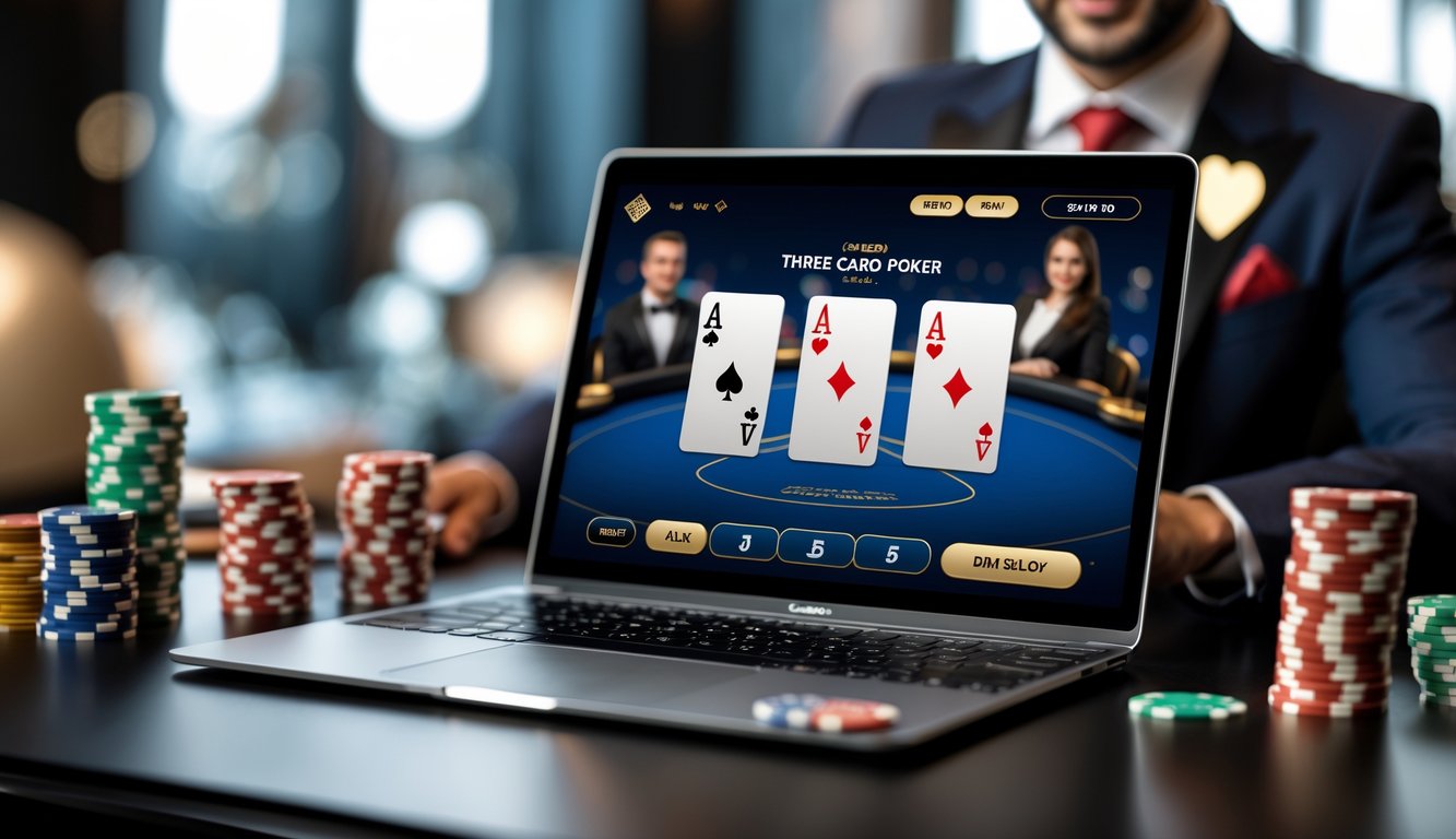 Seorang dealer kasino profesional sedang bermain Three Card Poker secara online dengan kartu dan chip poker di meja.