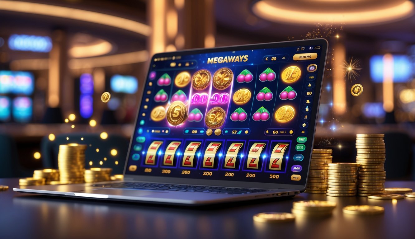 Seorang pemain sedang menggunakan laptop dengan tampilan permainan slot Megaways yang berwarna-warni, dikelilingi oleh koin emas dan grafik kemenangan di latar belakang kasino yang hangat.