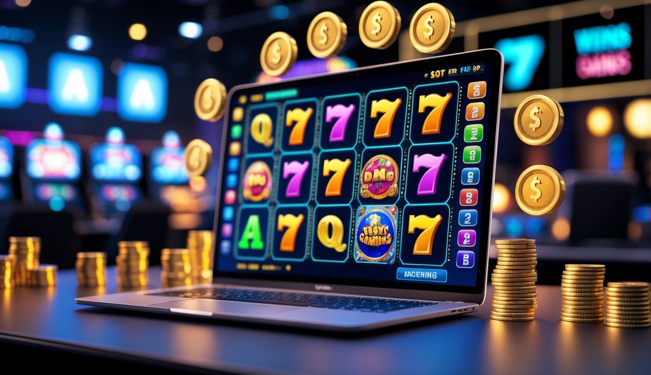 Tampilan komputer dengan permainan slot online Megaways yang berwarna-warni dan simbol kemenangan di layar.