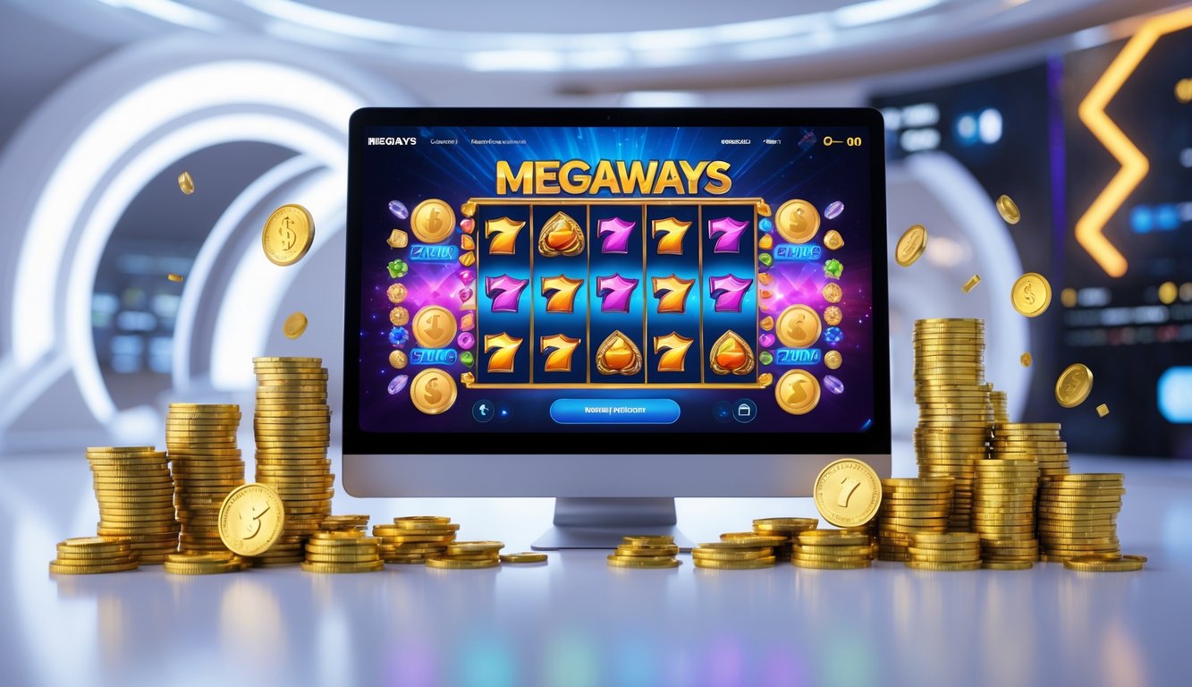 Layar komputer menampilkan permainan slot online dengan koin emas dan simbol jackpot di sekitarnya.