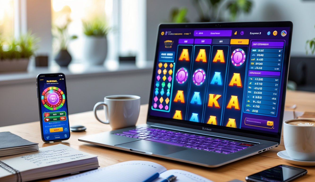 Seorang pemula sedang bermain permainan slot Megaways online di laptop di ruang kerja rumah yang rapi dengan cahaya alami.