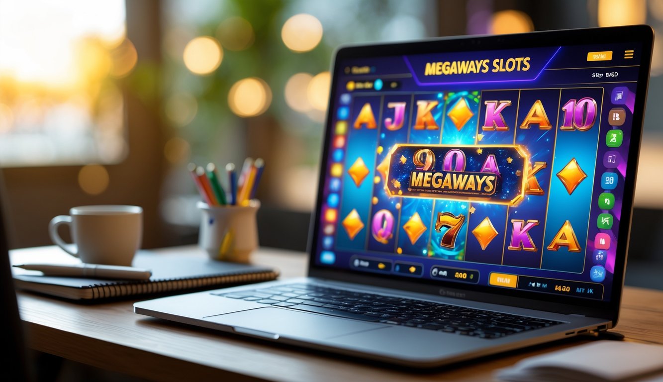 Seseorang sedang menggunakan komputer dengan tampilan permainan slot Megaways yang berwarna-warni, di meja terdapat buku catatan dan cangkir kopi.