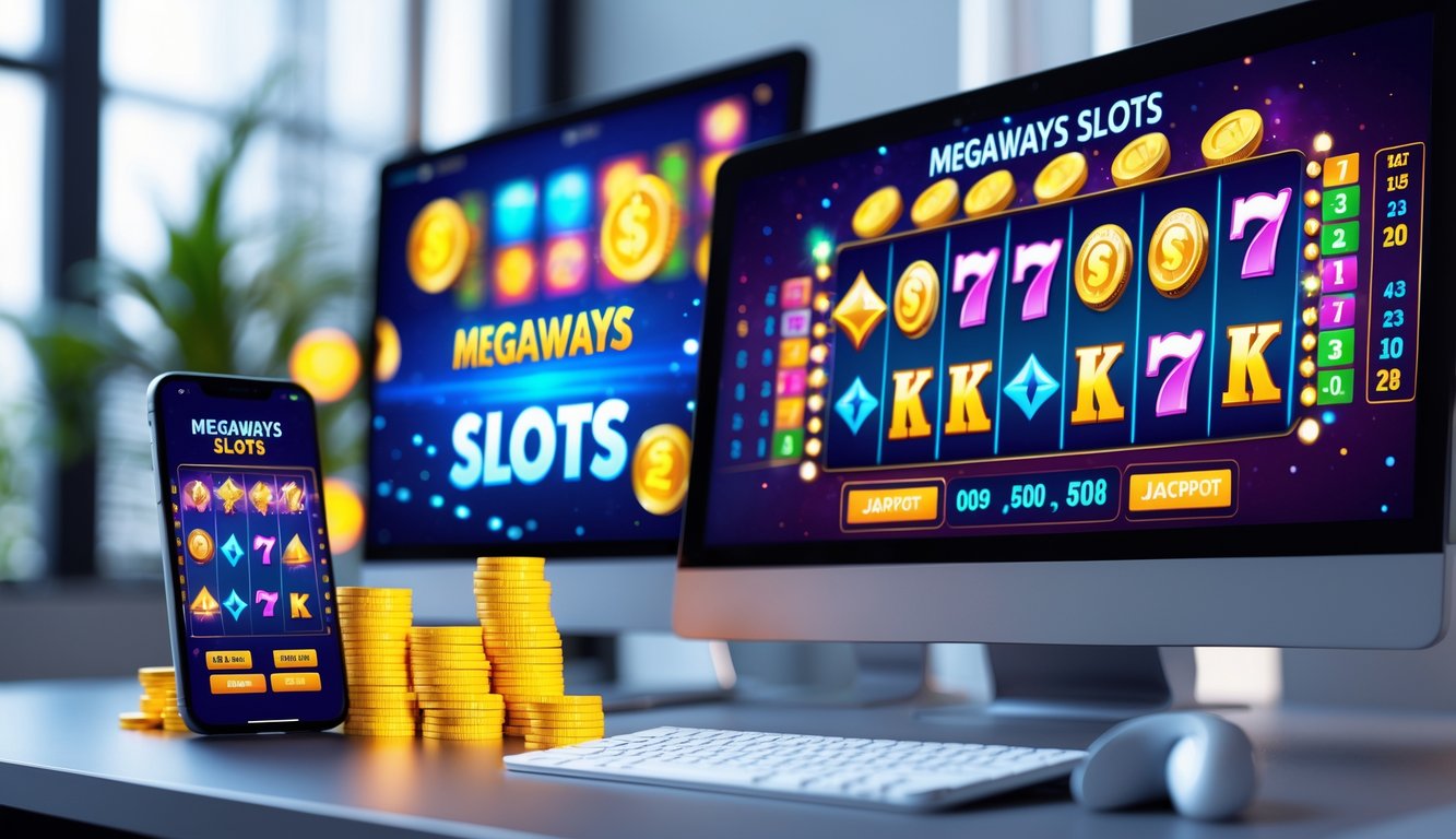 Sebuah meja dengan komputer dan ponsel yang menampilkan permainan slot online dengan simbol warna-warni dan koin emas di sekitarnya.