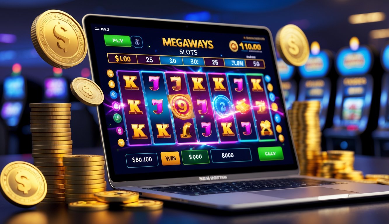 Seorang pemain menggunakan komputer dengan tampilan permainan slot Megaways yang berwarna-warni dan tumpukan koin emas serta chip kasino di sekitarnya.