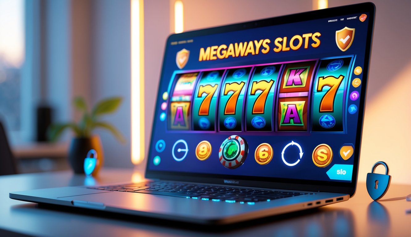 Seseorang menggunakan komputer dengan tampilan permainan slot Megaways yang berwarna-warni, di lingkungan yang terlihat aman dan terpercaya.