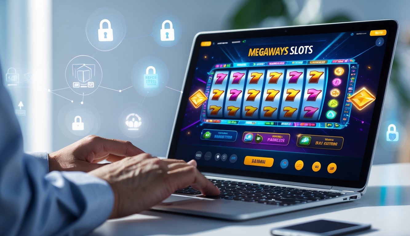 Seseorang menggunakan laptop menampilkan permainan slot Megaways dengan latar belakang ikon keamanan digital.
