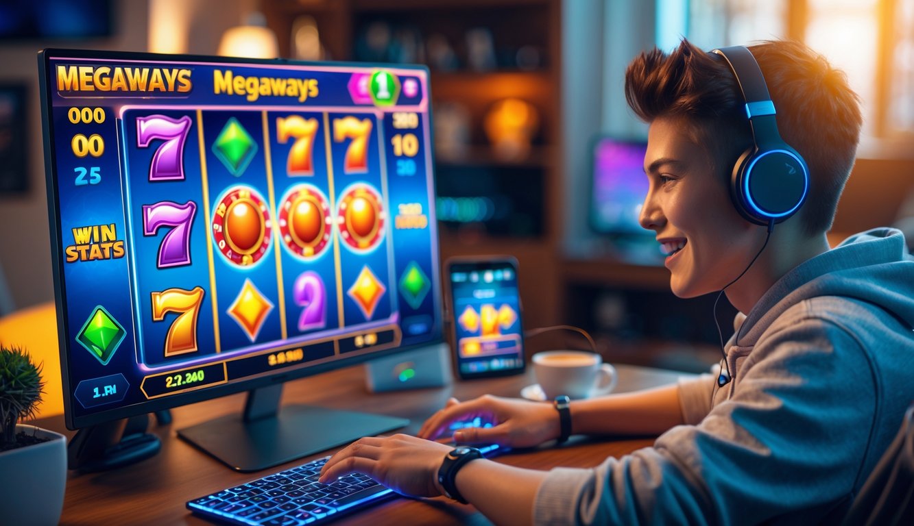 Seorang pemain muda yang bersemangat bermain game slot Megaways online di komputer di ruangan yang nyaman.