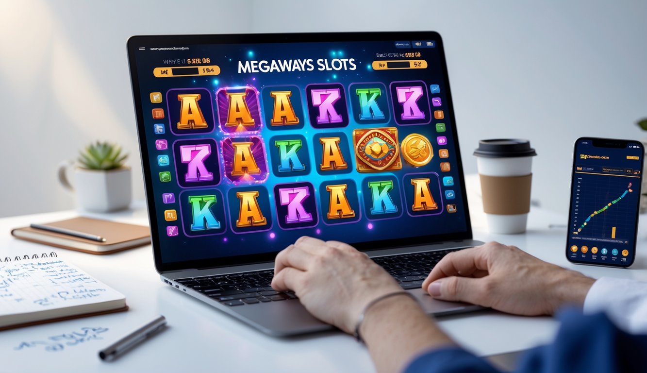 Seseorang sedang bermain game Megaways slots online di komputer dengan suasana fokus dan alat pendukung di sekitar seperti catatan dan kopi.