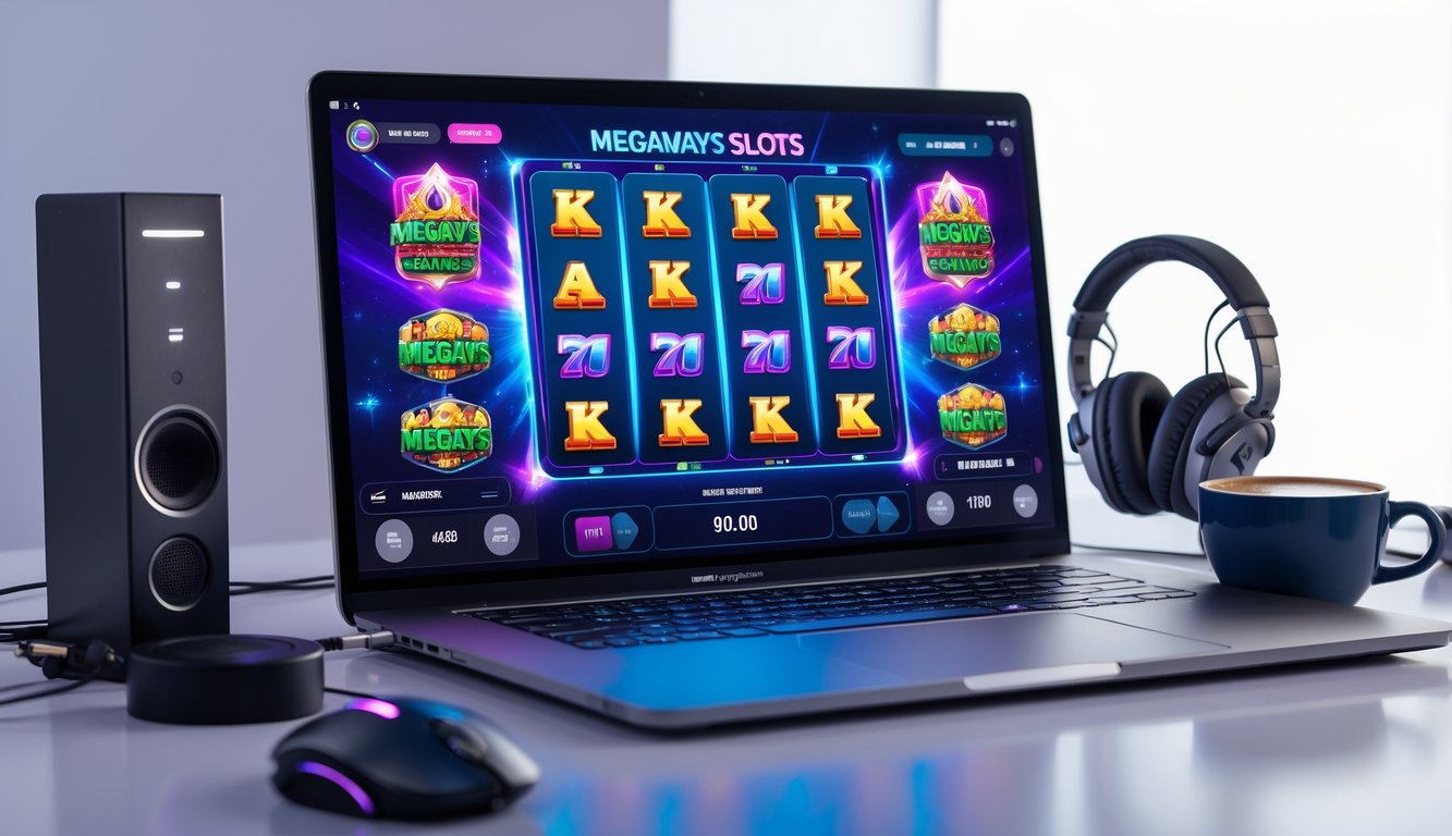Sebuah meja dengan komputer yang menampilkan permainan slot Megaways online, dikelilingi oleh aksesori gaming seperti mouse dan headphone.