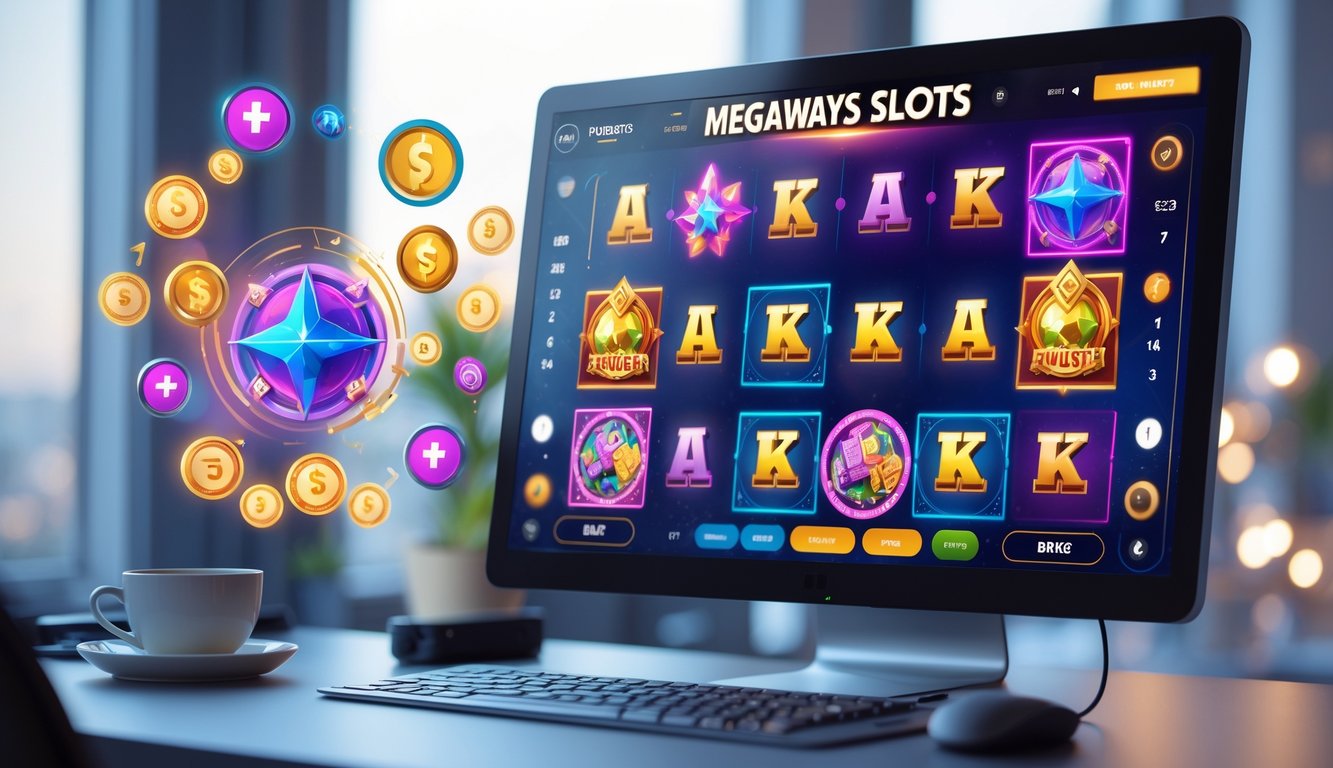 Seseorang menggunakan komputer dengan tampilan permainan slot Megaways yang berwarna-warni dan berbagai simbol fitur bonus di layar.