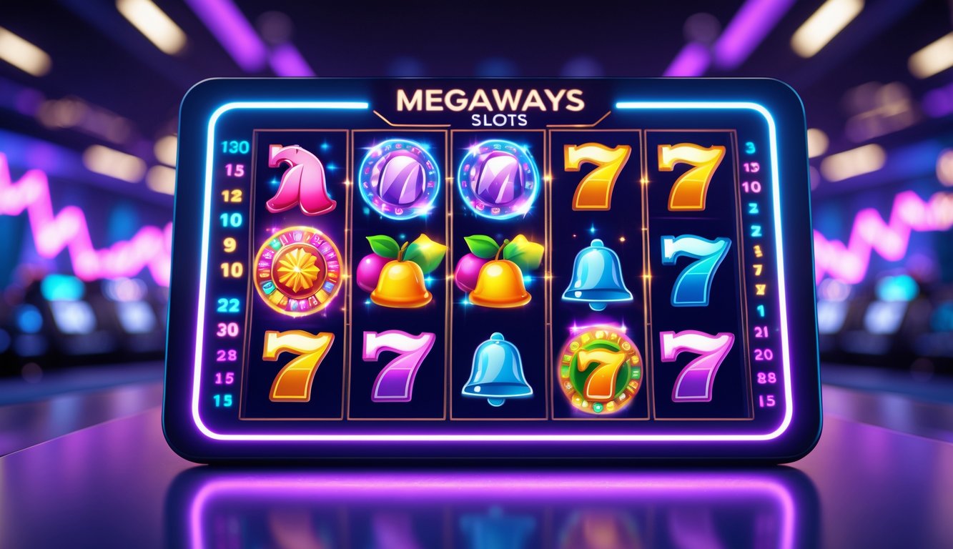 Tampilan mesin slot online dengan simbol warna-warni dan efek cahaya yang menonjolkan ribuan cara menang.