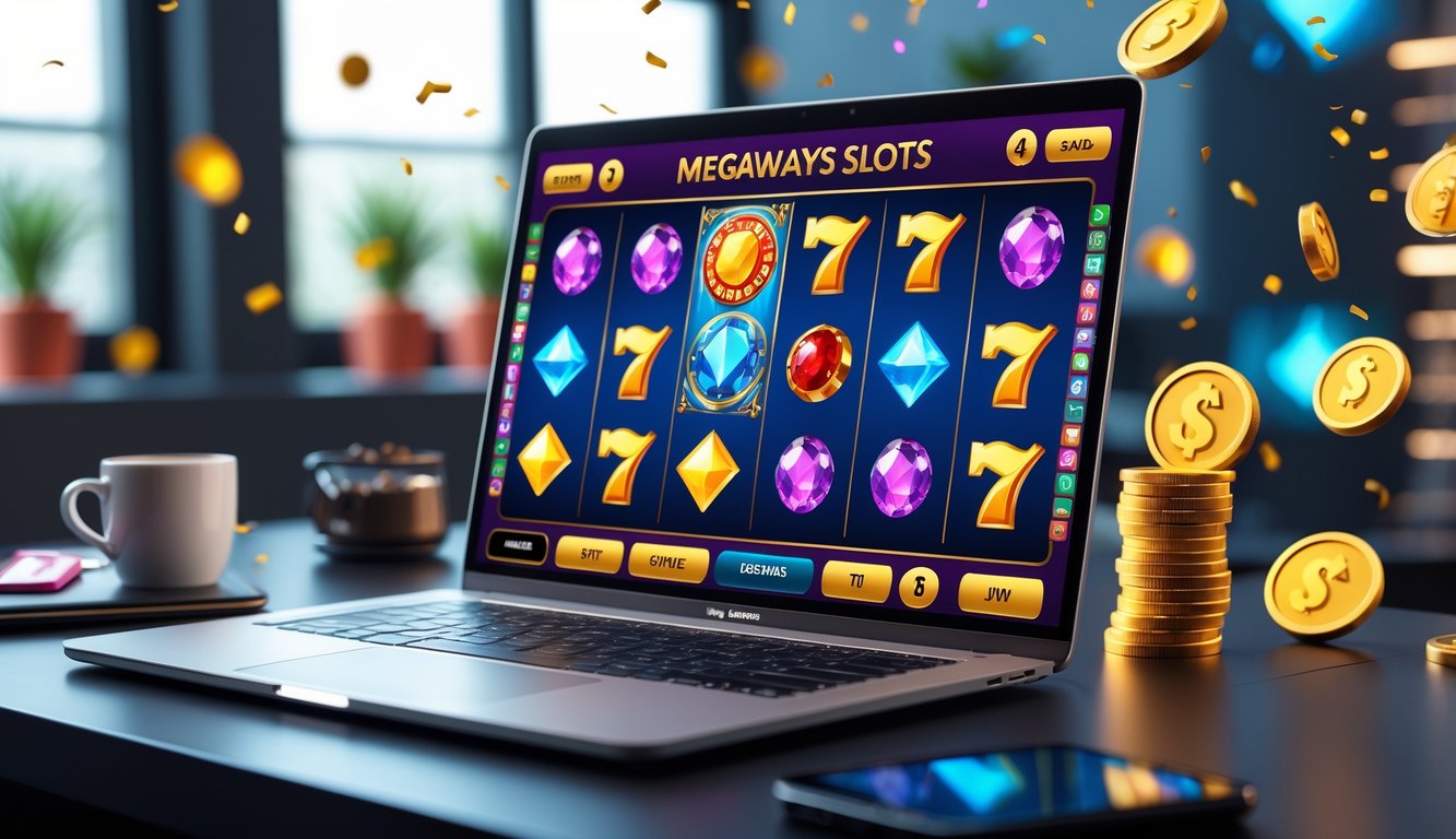 Seorang pemain sedang menggunakan laptop dengan tampilan permainan slot Megaways yang berwarna-warni, dikelilingi oleh koin dan dekorasi kemenangan di meja kerja yang rapi.
