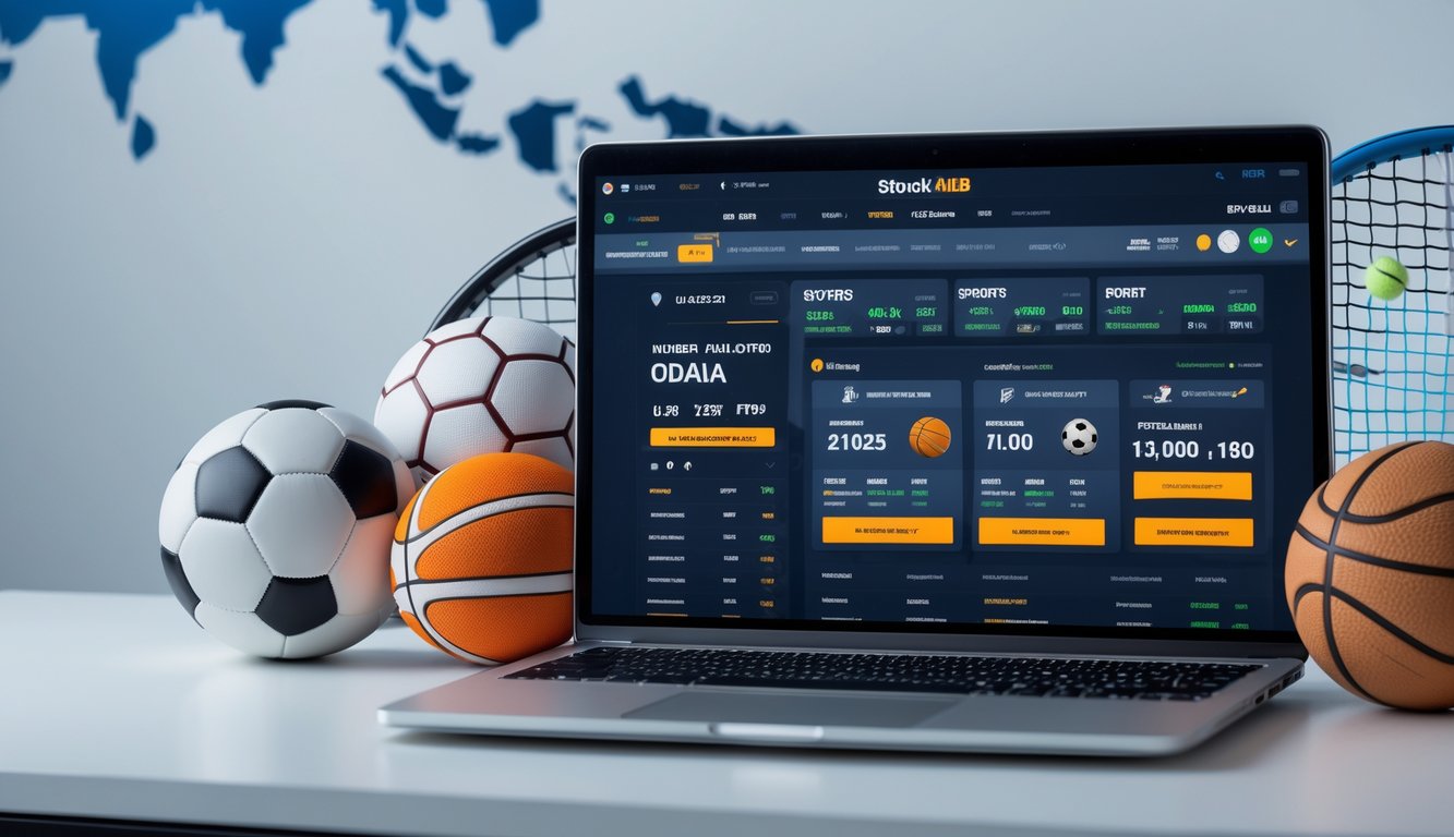 Seorang pria menggunakan laptop di meja kerja dengan bola sepak dan raket tenis di sekitarnya, menampilkan konsep taruhan olahraga online terpercaya di Indonesia.