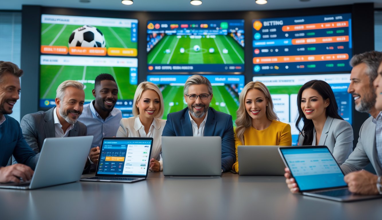 Beberapa orang sedang menggunakan perangkat digital untuk memasang taruhan olahraga online dengan latar belakang pertandingan sepak bola yang sedang berlangsung.