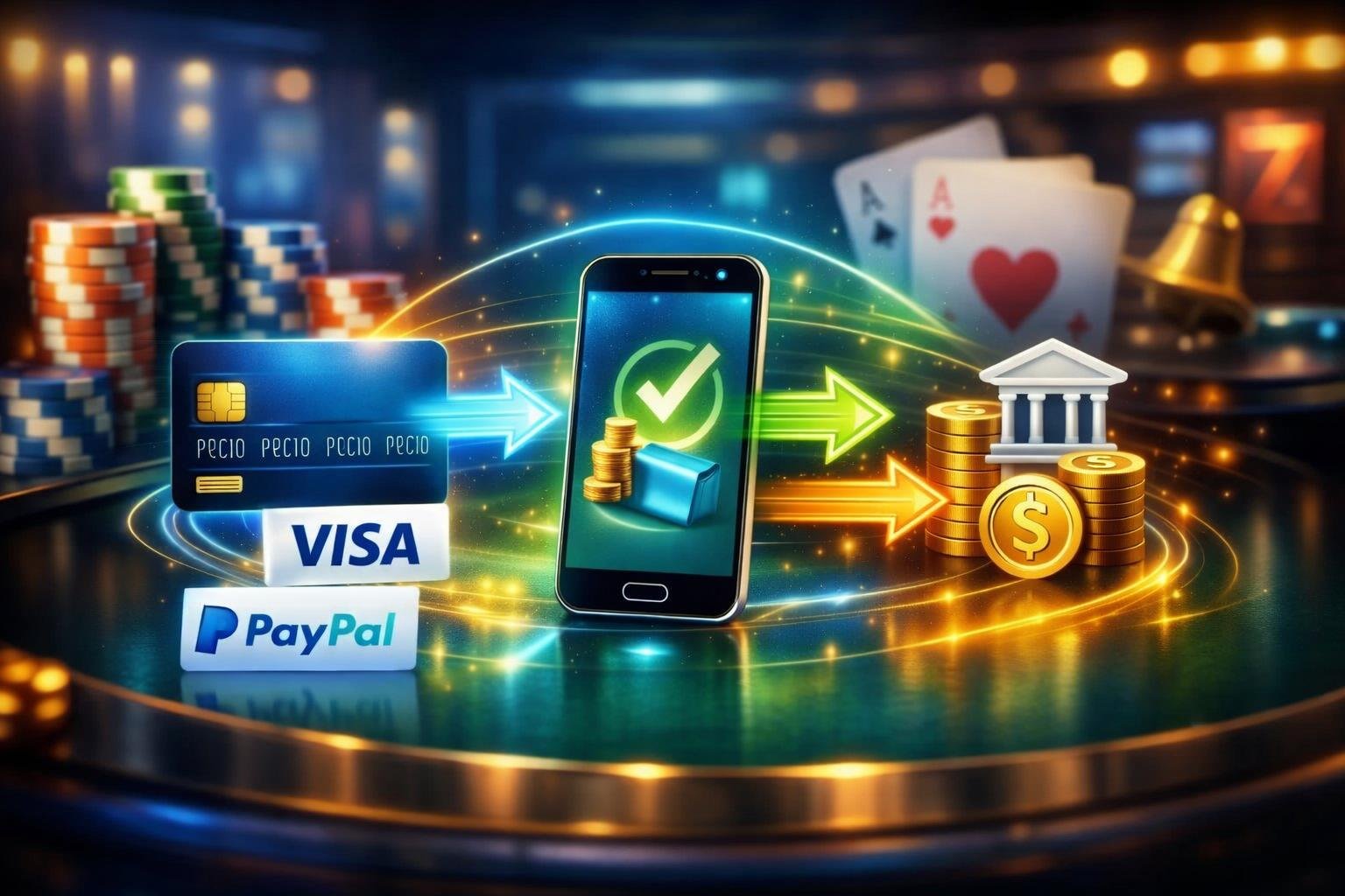A Digital Illustration Of A Fast Casino Payment System Showing A Smartphone, Credit Card, And Arrows Indicating Quick Money Transfer With Casino Chips And Cards In The Background.