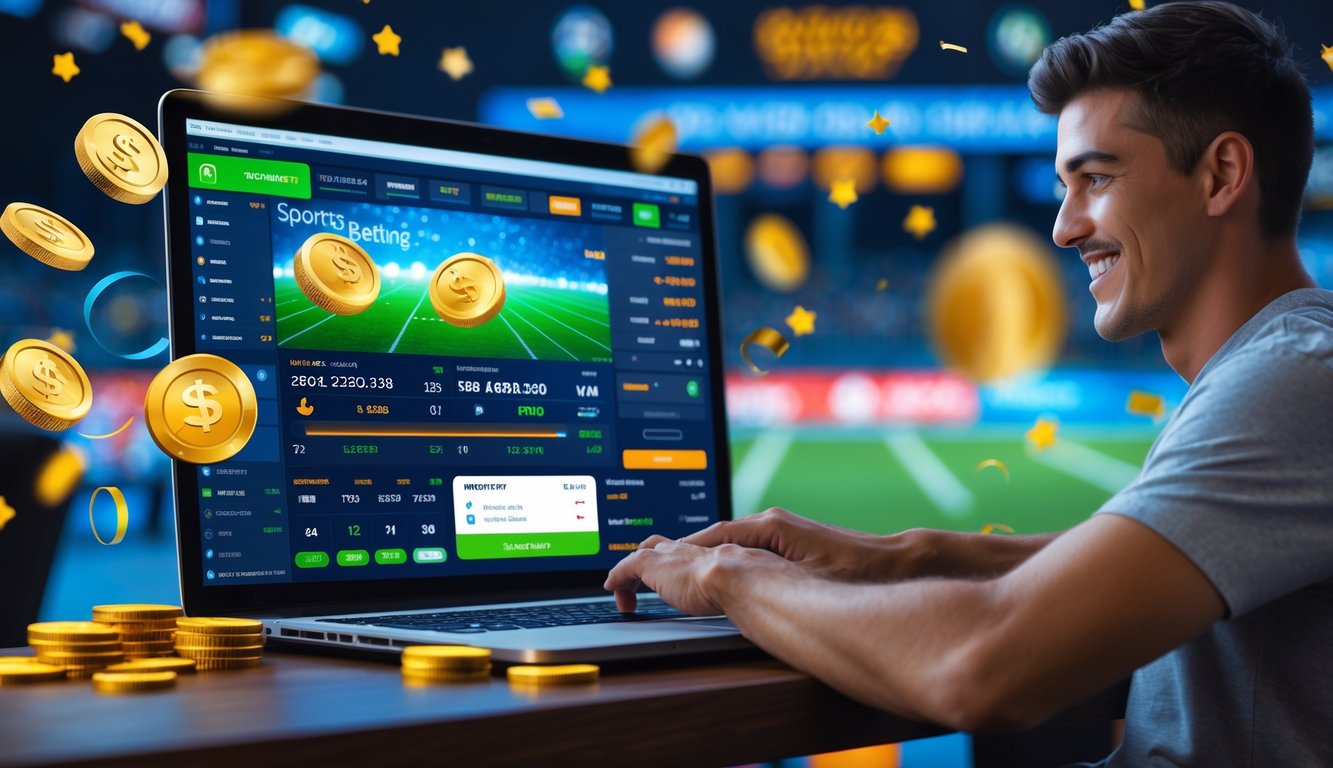 Seorang dewasa muda tersenyum menggunakan laptop dan ponsel dengan tampilan taruhan olahraga online, dikelilingi oleh simbol koin digital dan elemen yang menunjukkan transaksi cepat dan bonus besar.