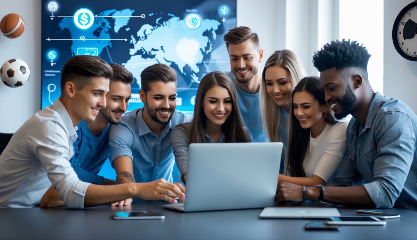 Sekelompok orang muda menggunakan laptop dan ponsel untuk taruhan olahraga online di ruangan modern dengan suasana energik dan percaya diri.