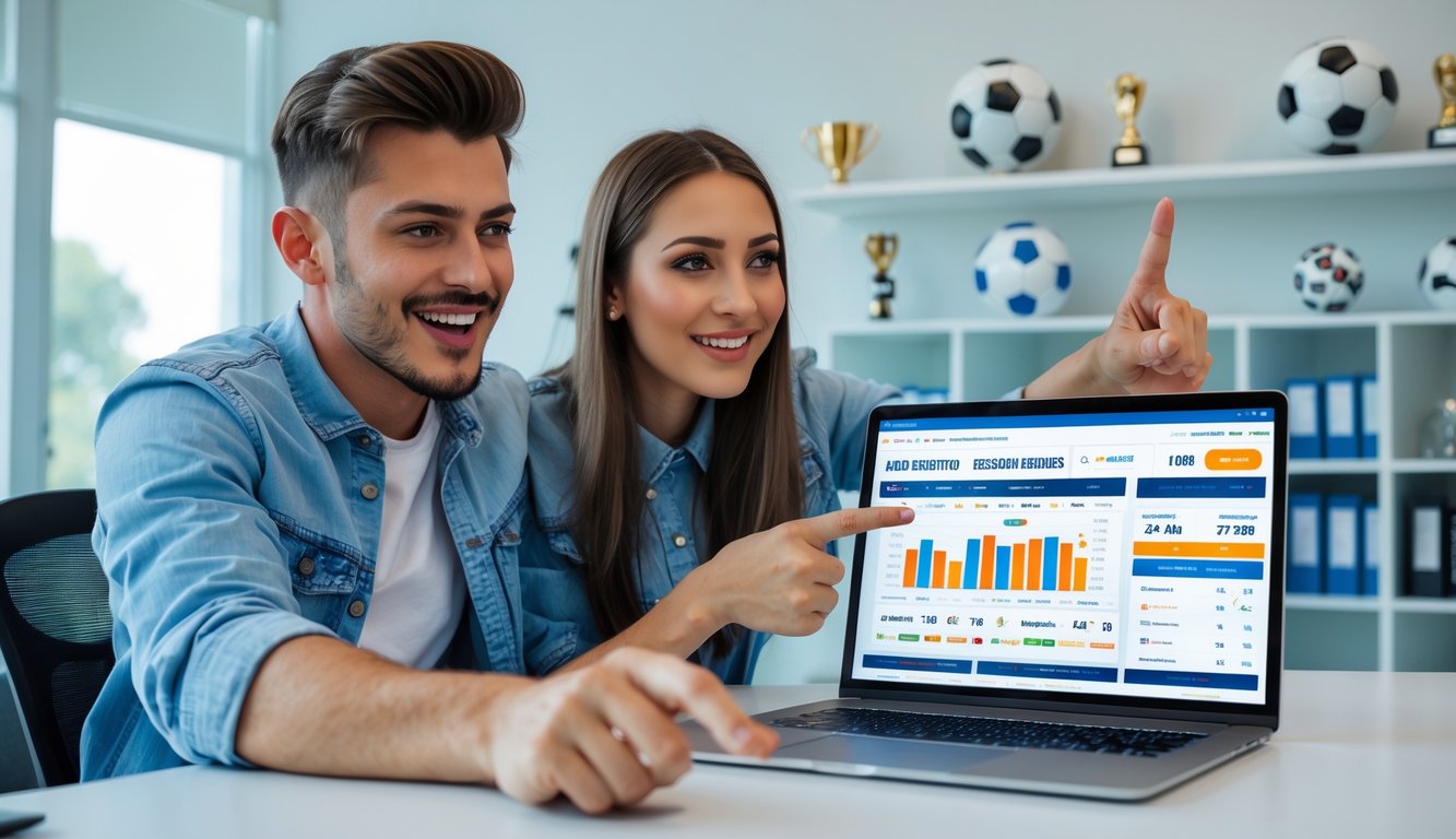 Dua orang sedang duduk di meja dengan laptop, terlihat fokus dan antusias saat menggunakan situs taruhan olahraga online.