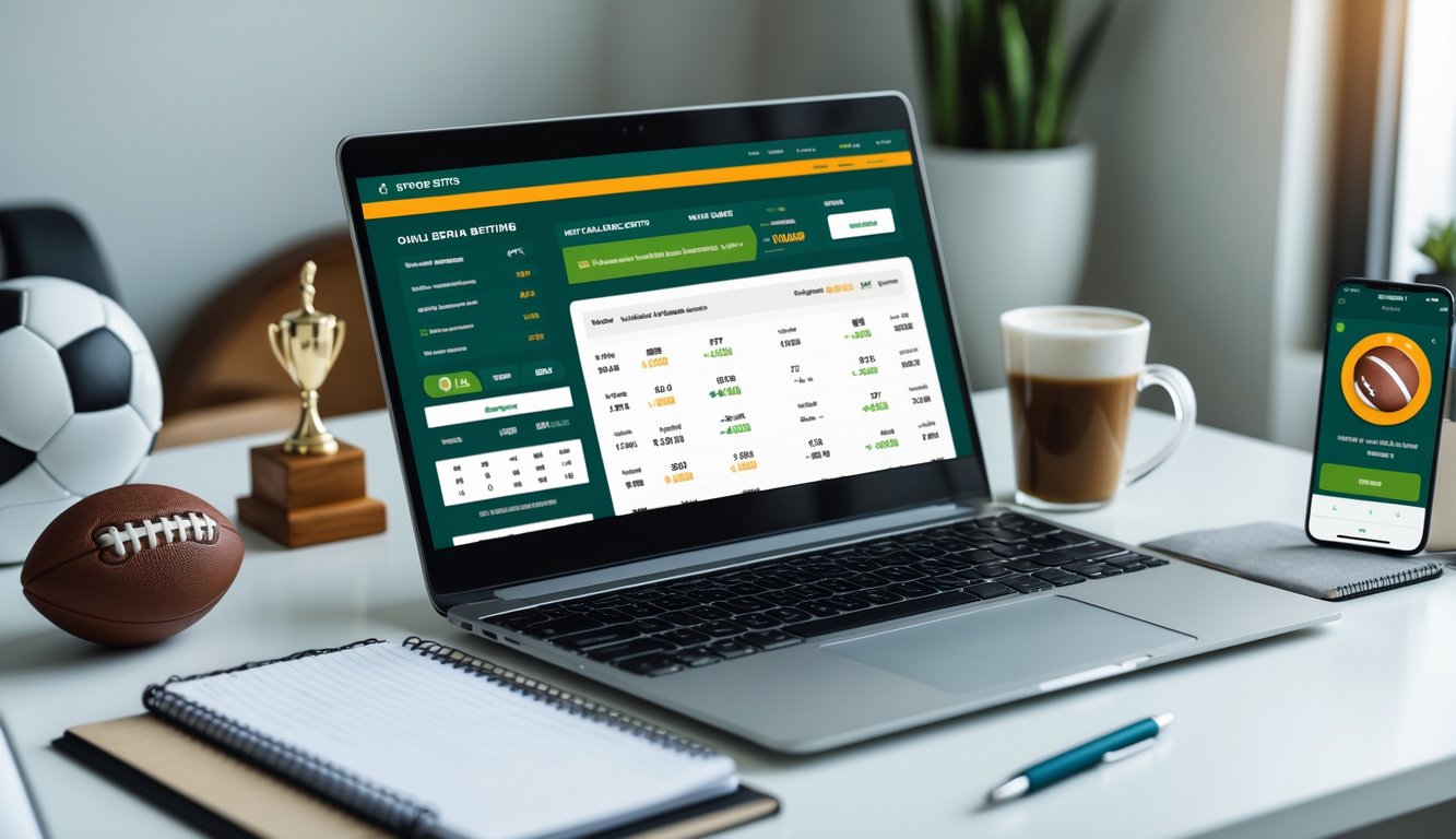 Sebuah meja kerja dengan laptop dan ponsel yang menampilkan situs taruhan olahraga online, dilengkapi dengan bola sepak dan cangkir kopi di sekitarnya.