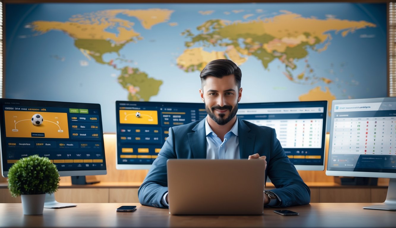 Seorang pria duduk di meja kerja dengan beberapa layar komputer yang menampilkan pertandingan sepak bola dan data taruhan.
