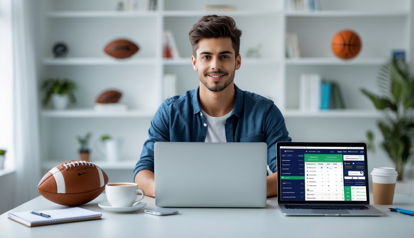 Seorang pria muda duduk di meja dengan laptop dan ponsel yang menampilkan aplikasi taruhan olahraga, di ruang kerja rumah yang terang dan rapi.