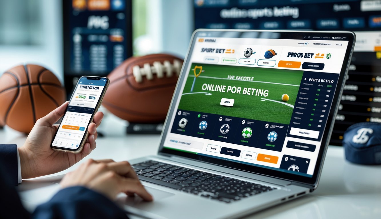 Meja kerja dengan laptop dan ponsel yang menampilkan situs taruhan olahraga online, tangan orang sedang menggunakan perangkat tersebut, dengan latar belakang perlengkapan olahraga.
