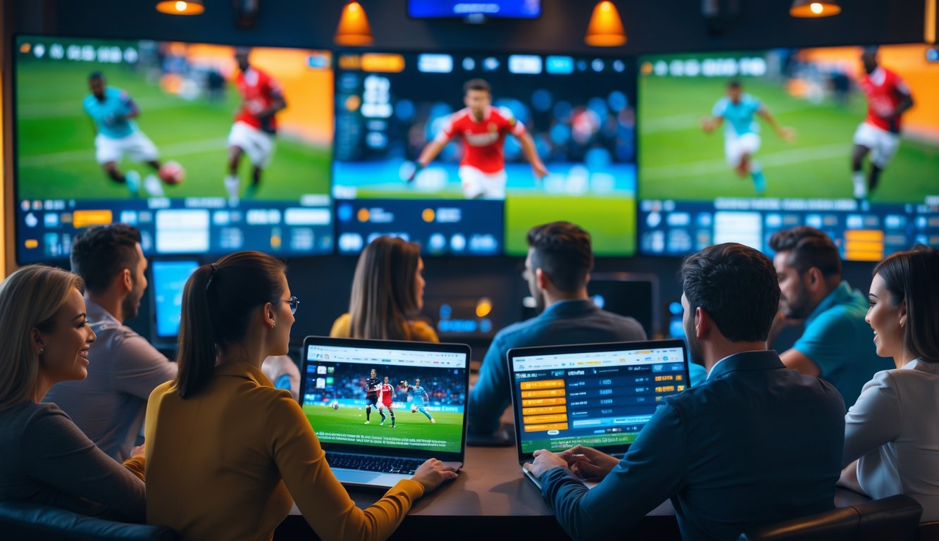 Sekelompok orang sedang menonton pertandingan olahraga secara langsung di beberapa layar besar sambil menggunakan perangkat digital untuk taruhan online.