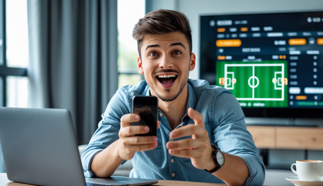 Seorang pria muda menonton pertandingan olahraga secara langsung di televisi sambil menggunakan ponsel untuk taruhan olahraga online.