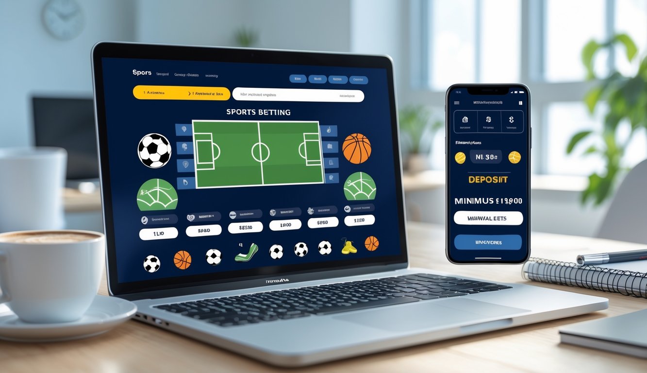 Seorang profesional sedang menggunakan laptop dan ponsel di meja kerja dengan tampilan situs taruhan olahraga online dan suasana kantor yang terang.