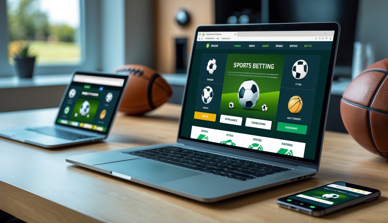 Seorang pengguna duduk di depan laptop dan ponsel yang menampilkan situs taruhan olahraga online dengan ikon berbagai jenis olahraga di meja kayu.