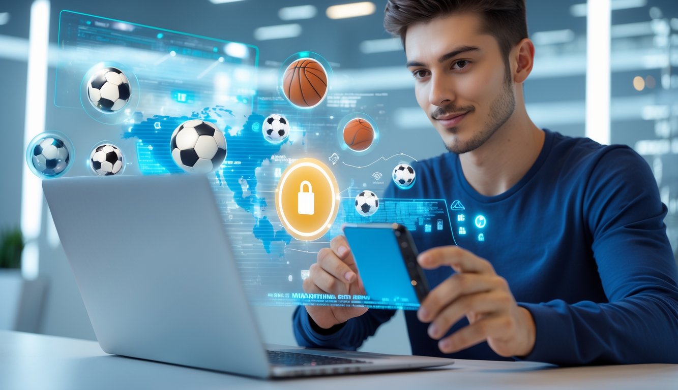 Seorang pria muda menggunakan ponsel di lingkungan digital dengan ikon olahraga dan simbol pembayaran yang menunjukkan taruhan olahraga online yang cepat dan aman.
