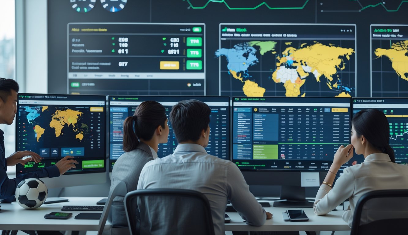 Orang-orang bekerja dengan komputer menampilkan statistik dan peluang taruhan sepak bola Asia dan Eropa.