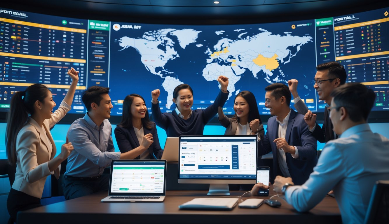 Sekelompok orang sedang melihat layar besar yang menampilkan pertandingan sepak bola dan data taruhan olahraga di sebuah ruangan modern.