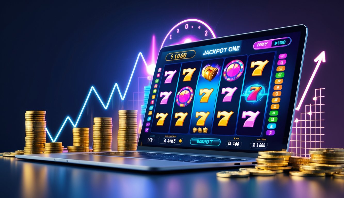 Layar komputer menampilkan permainan slot online dengan simbol warna-warni dan tumpukan koin emas di sekitarnya.