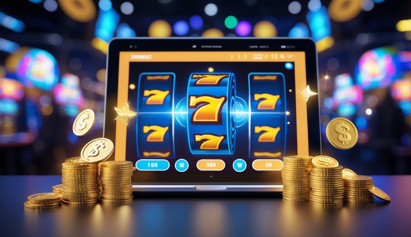 Layar komputer menampilkan mesin slot online dengan koin emas dan ikon jackpot di latar belakang kasino yang ramai.