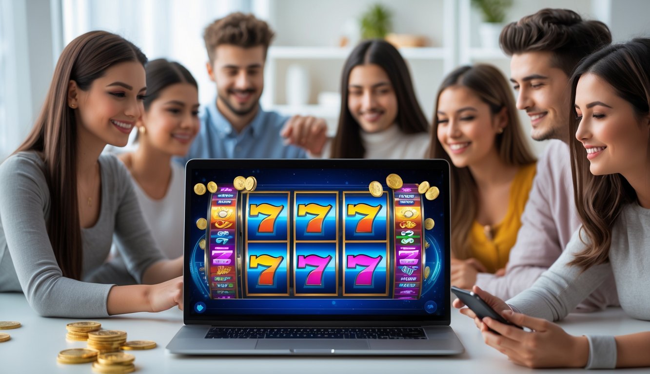 Sekelompok orang muda menggunakan laptop dan ponsel untuk bermain mesin slot online di ruang santai yang terang dan nyaman.