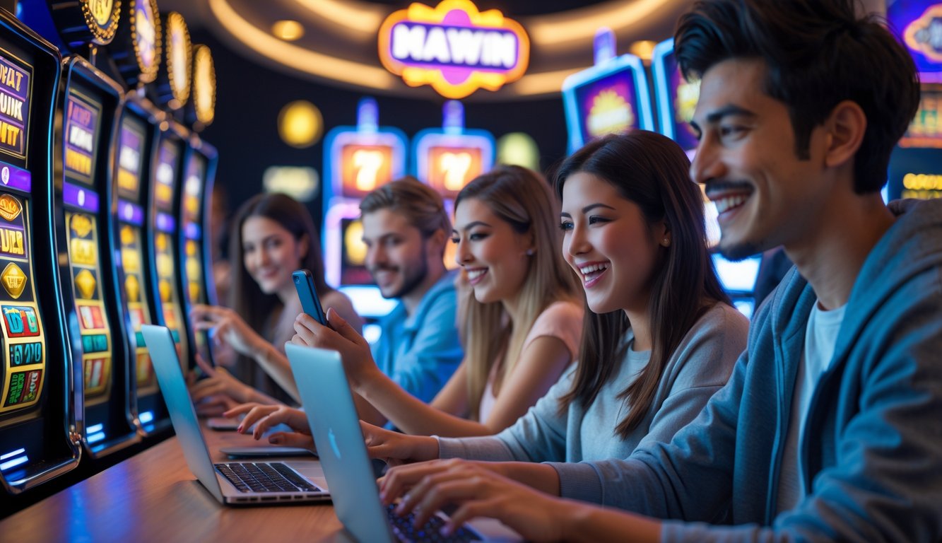 Sekelompok orang muda sedang bermain permainan slot online di perangkat digital dengan ekspresi senang dan fokus.