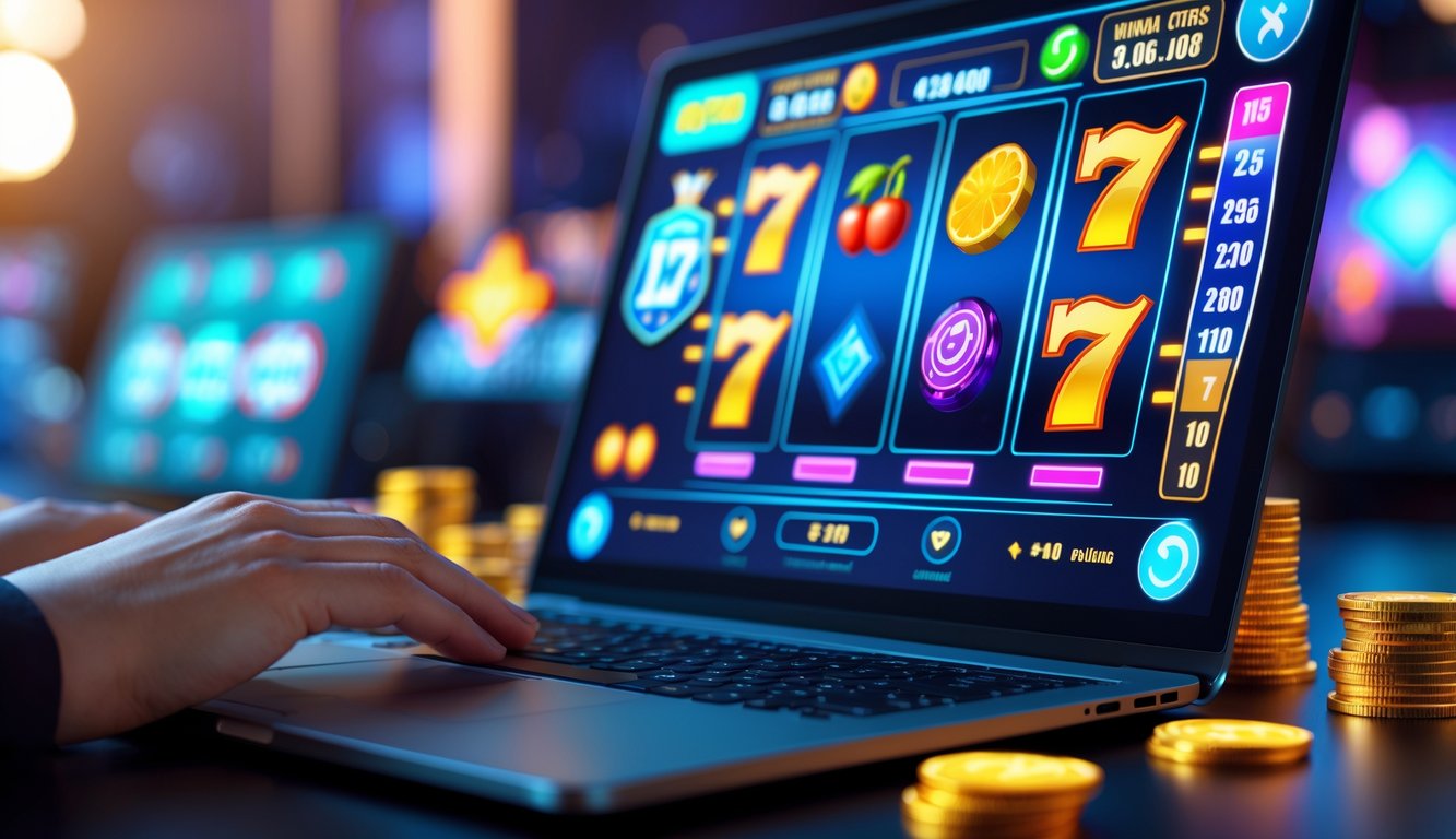 Seorang pengguna sedang bermain mesin slot online di komputer dengan grafik permainan berwarna-warni dan elemen yang menunjukkan kepercayaan dan kemenangan.