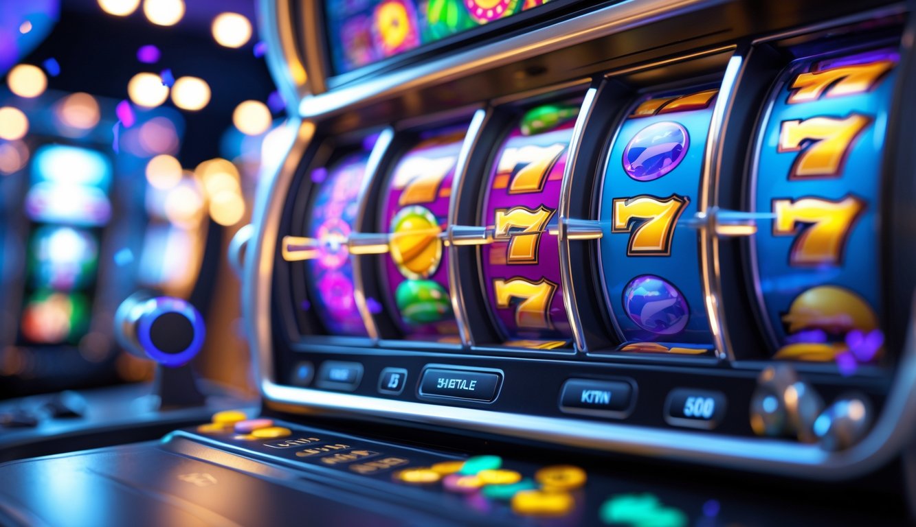 Layar perangkat menampilkan permainan slot online dengan simbol berwarna-warni dan efek cahaya yang menunjukkan kemenangan besar.