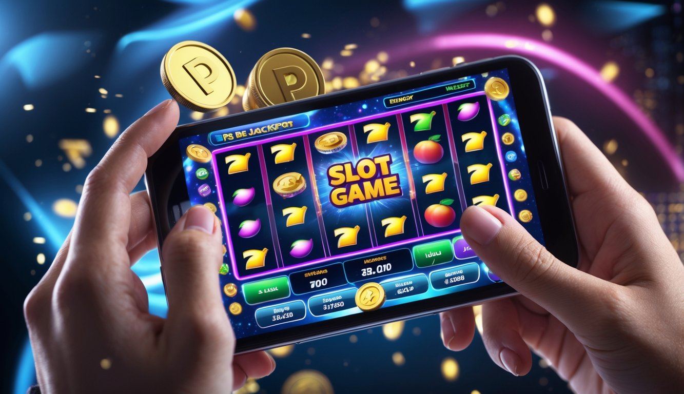 Seseorang menggunakan perangkat dengan tampilan permainan slot online yang berwarna-warni dan simbol kemenangan besar.