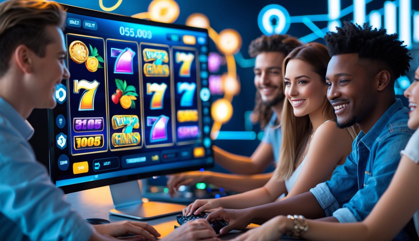 Sekelompok orang muda yang tersenyum bermain game slot online di depan layar komputer besar dalam ruangan modern.