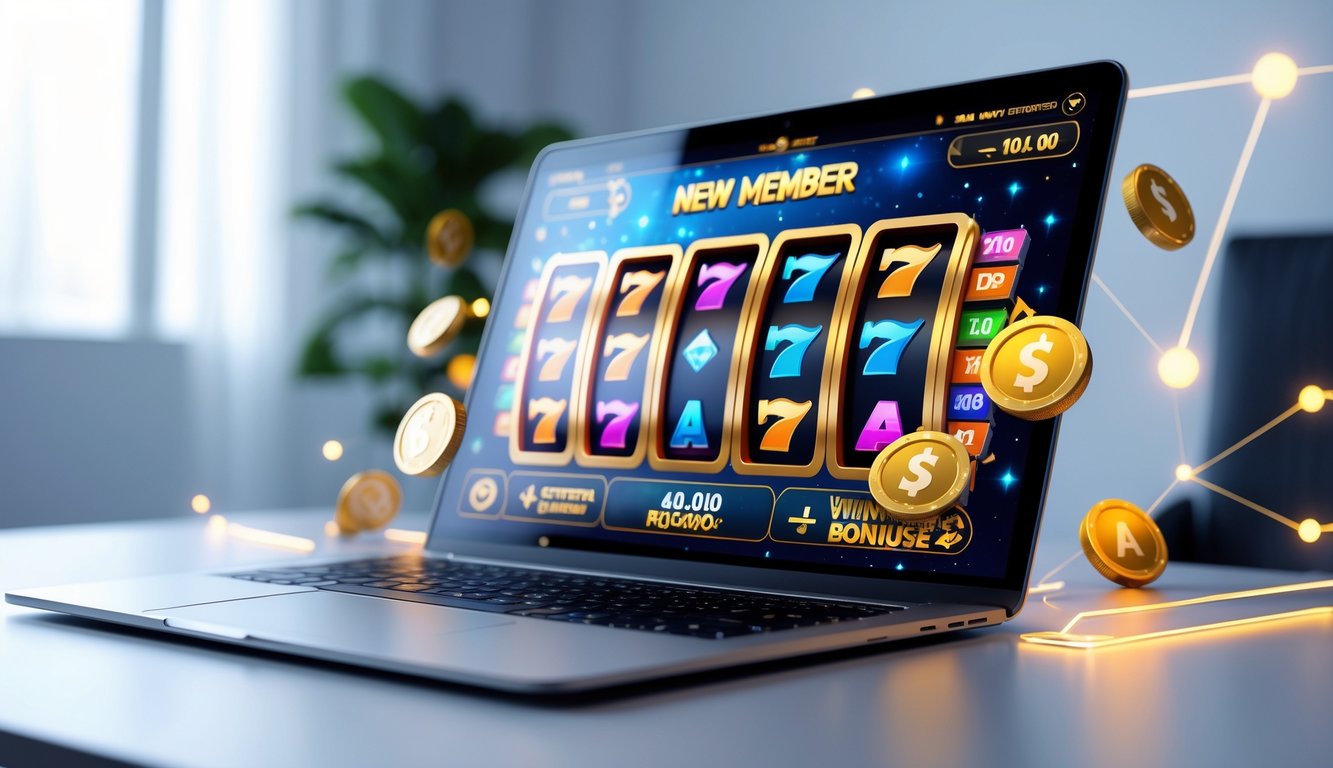 Seorang pengguna komputer dengan layar menampilkan permainan slot online yang berwarna-warni, dikelilingi oleh ikon koneksi digital dan latar belakang minimalis.