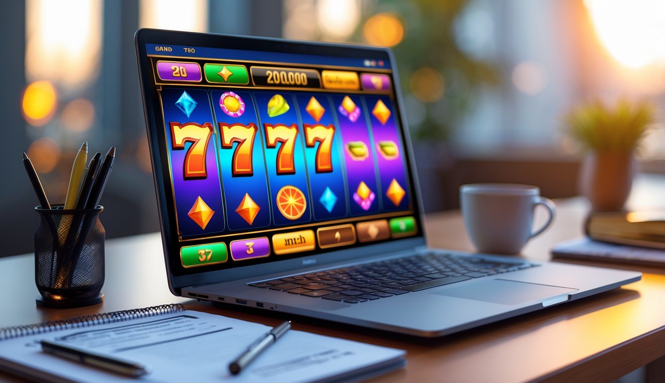 Seorang pemain sedang menggunakan komputer dengan permainan slot online berwarna cerah di layar, di meja terdapat catatan strategi dan secangkir kopi.