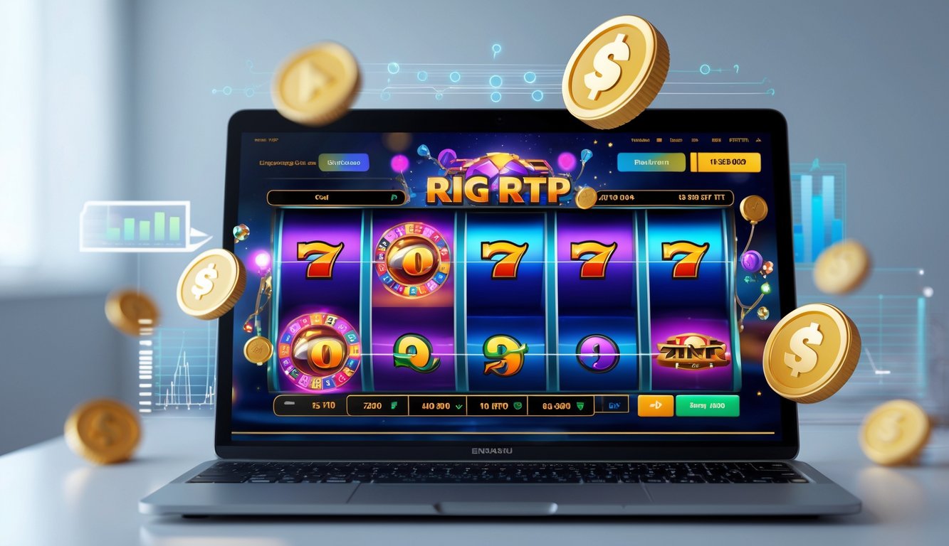 Seorang pemain menggunakan komputer dengan tampilan permainan slot online yang berwarna-warni dan grafik statistik di sekitarnya.