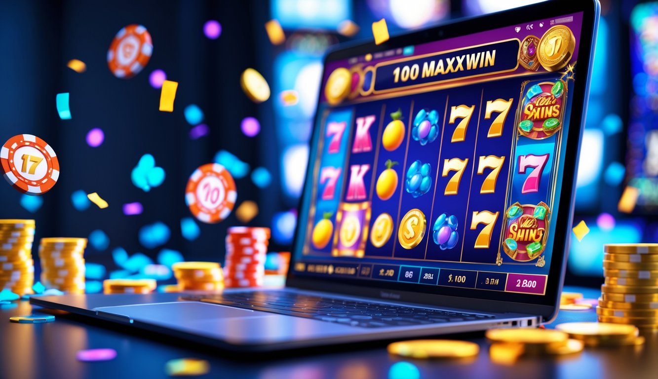 Layar komputer menampilkan permainan slot online dengan simbol warna-warni dan efek kemenangan di sekitar layar.