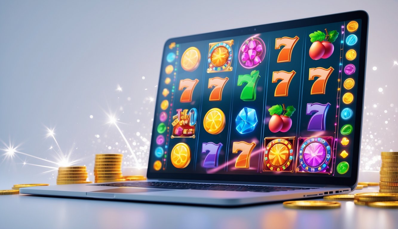 Layar komputer menampilkan permainan slot online dengan simbol warna-warni dan koin berkilau di sekitarnya.