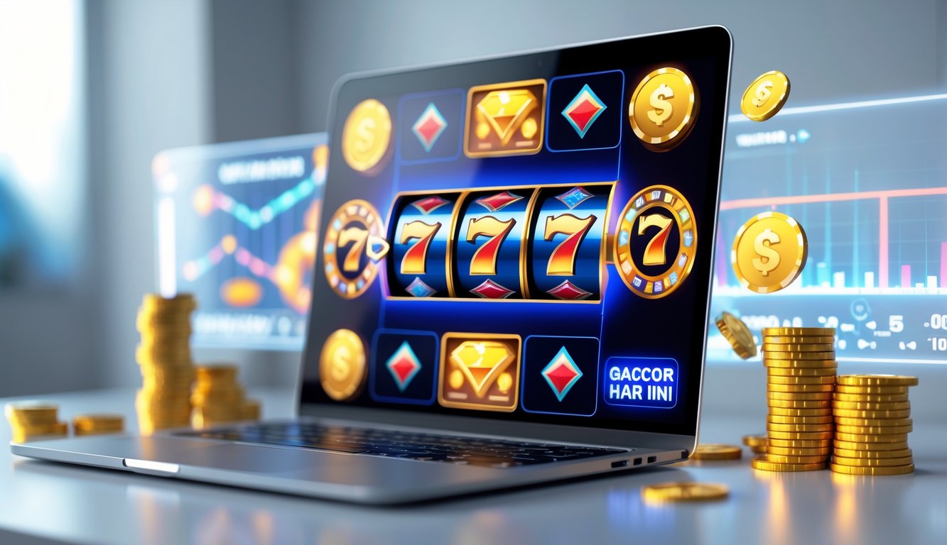 Seorang pengguna komputer dengan layar menampilkan mesin slot online yang sedang menang, dikelilingi oleh chip kasino dan lampu jackpot.