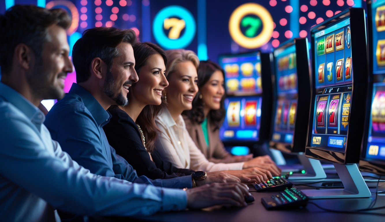 Beberapa orang sedang fokus bermain permainan slot online di depan komputer dengan tampilan grafis mesin slot yang berwarna-warni.